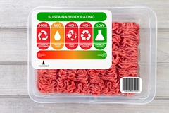 Image Sustainability Rating on meat for carbon footprint, water use, land use, packaging waste and chemical waste label