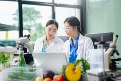 Image Asian food scientists test vegetables in biotech lab using microscope and laptop.