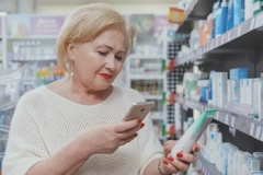 Image A person looking at a phone while holding a personal care product