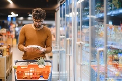 young man in brown shirt looking at food package in supermarket