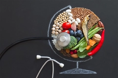 Image Food products good for health and planet, globe abstraction with stethoscope on chalkboard