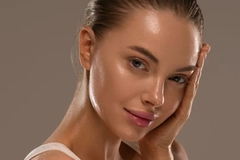 A woman with glowing skin touching her face.