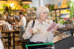 elderly woman looking at bacon in supermarket