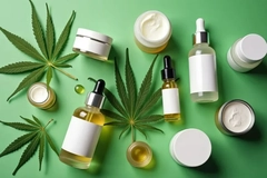Lots of lotions and such surrounded by CBD hemp plants.