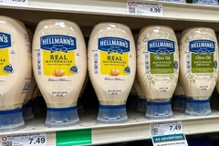 Hellmann's mayonnaise on supermarket shelf.