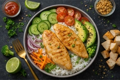 Image plant based chicken fillet on black pan