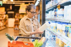 woman reading milk bottle label in supermarket mature woman reading milk bottle label in supermarket