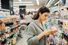 woman checking food label in supermarket