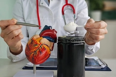 Doctor wearing stethoscope points to a heart model with pen and holds a spoon of powder with the other hand