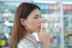 Image woman in pharmacy wondering what product to buy
