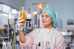 Scientist in food lab holding up a beverage
