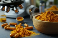 Curcumin on lab table in a bowl, and in supplement pills surrounded by lab equipment.