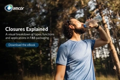 Image Amcor eBook banner showing a man drinking bottled water with text on caps and closures in food and beverage packaging