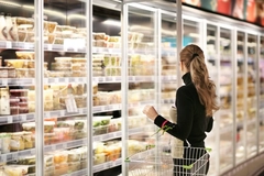 woman in frozen food aisle in supermarket woman in frozen food aisle in supermarket