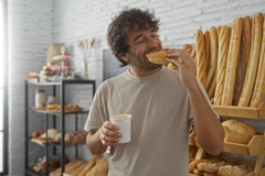 A man eating a donut and drinking a coffee in a bakery. A man eating a donut and drinking a coffee in a bakery.