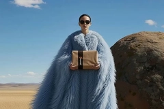 Image A person in a fur coat holding a box