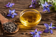 a bowl of borage oil with borage seeds and flowers