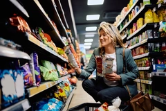 woman in supermarket aisle happy woman shopping in supermarket