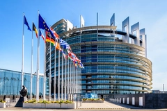 The European Parliament building with flags in front. The European Parliament building with flags in front.