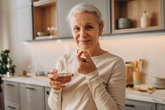 Healthy elderly woman taking supplements Healthy elderly woman taking supplements