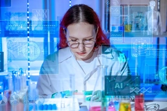 scientist in lab with futuristic blue light