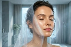 Image A woman with her eyes closed and sparkly veil over her head.