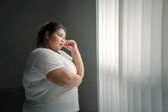 obese woman looking out the window