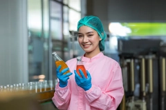 A worker holds two new beverage products at a factory. A worker holds two new beverage products at a factory.