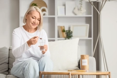 Mature woman taking collagen on sofa at home