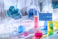 colorful liquids in test tubes inside lab Colorful liquids in test tubes in lab with scientist's hands in blue gloves
