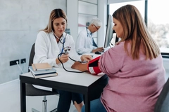 obese woman checking blood pressure at doctor