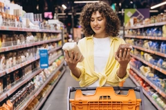 A young woman compares ingredient labels in a grocery store.