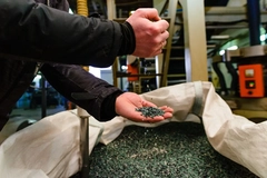 Image A person pouring some small green granules