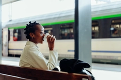 Image woman drinks coffee waiting for train